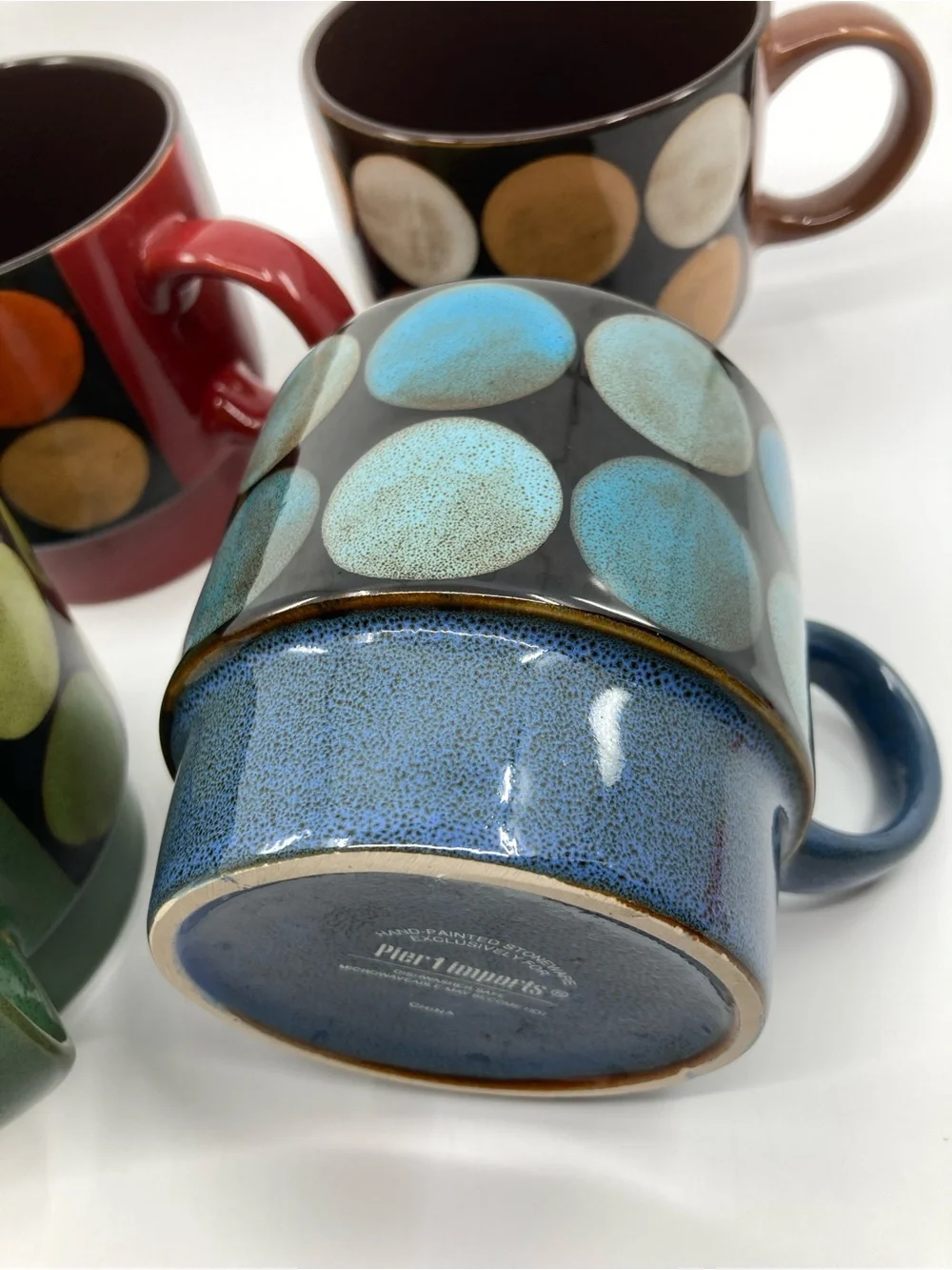 Pier 1 Imports Retro Hand Painted Stoneware Polka Dot Mugs Blue Green Red Brown